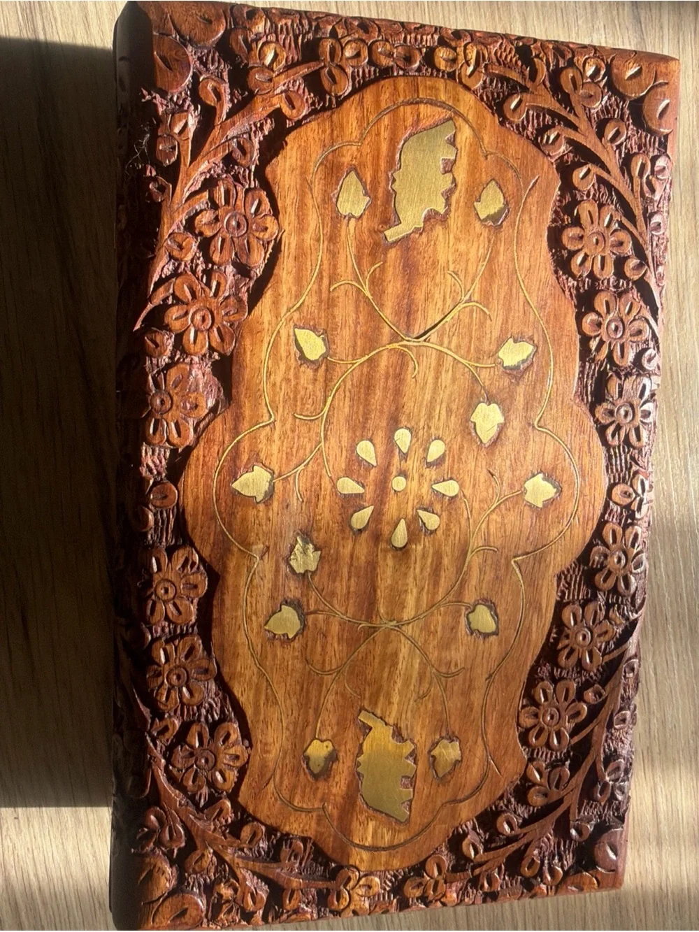 Hand-Carved Wooden Jewelry Box with Inlay